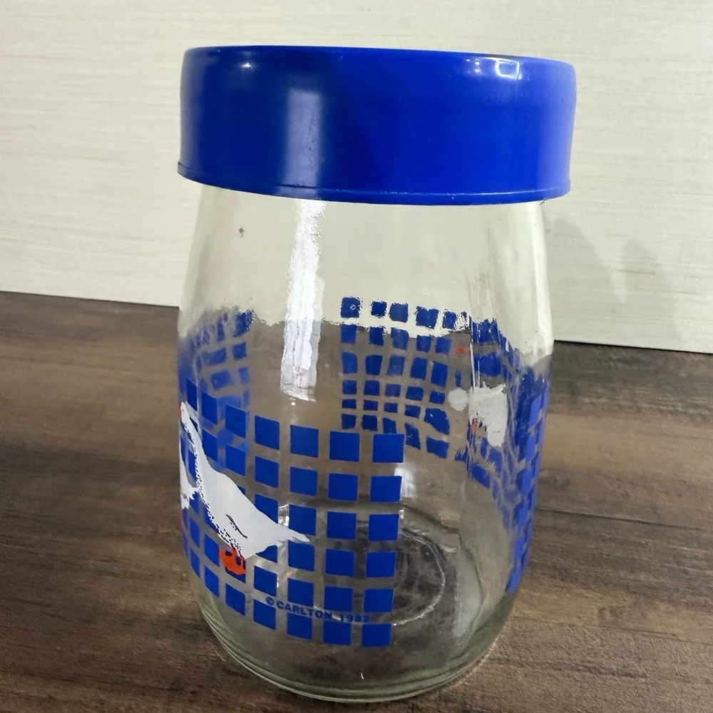 Vintage CARLTON GLASS USA 1 Liter Blue Checked Geese Ducks Canister 1982